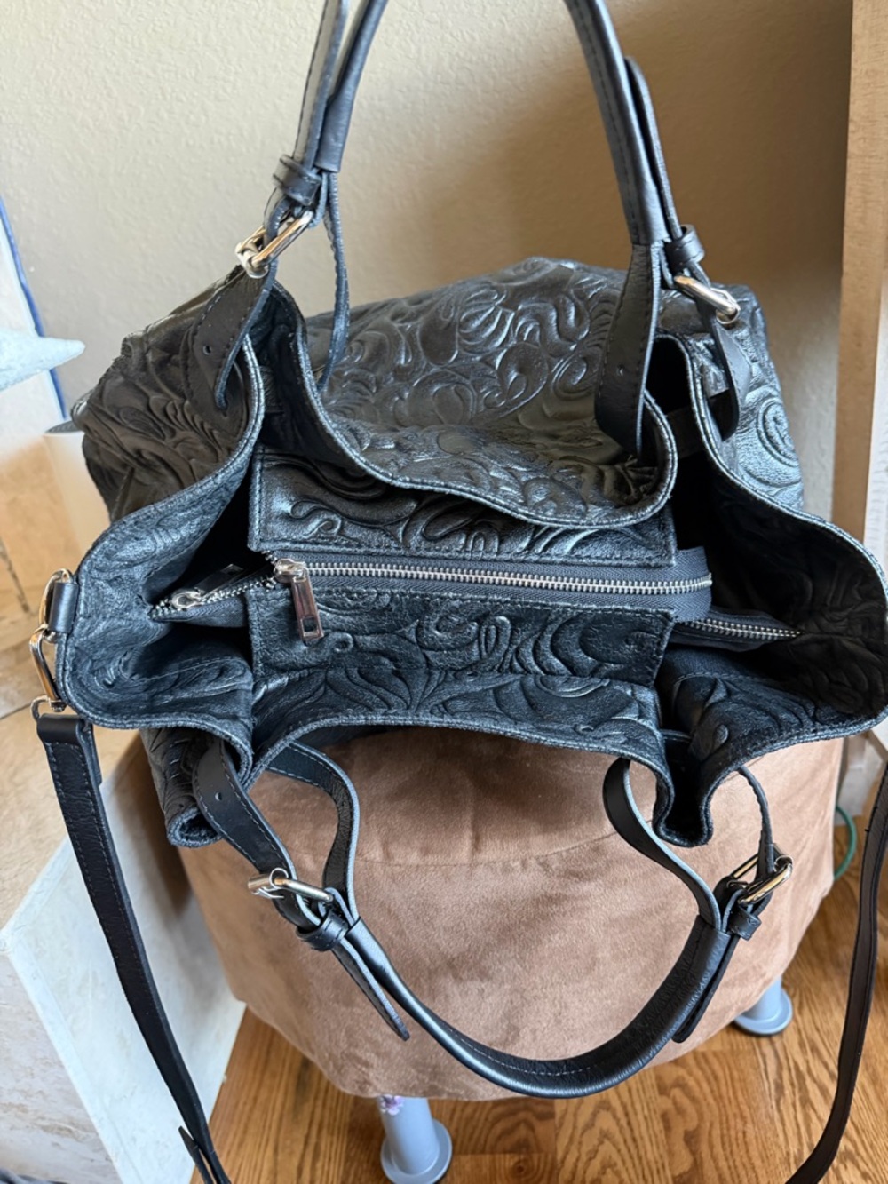 Embossed Swirl Black Leather Tote Bag - Elegant Everyday Carry